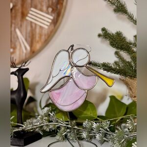 Vintage Stained Glass Sun Catcher Flying Angel Blowing Horn Christmas Ornament